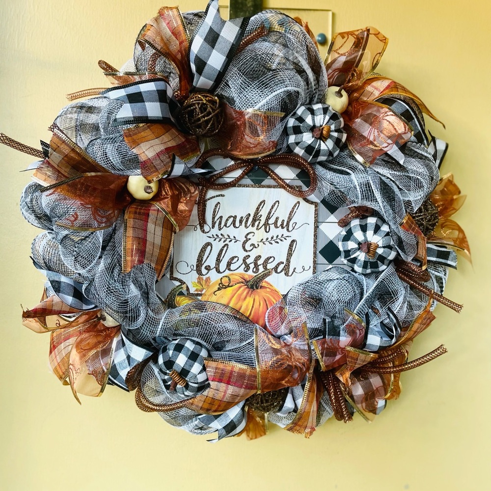 Fall Harvest BuffaloCheck Pumpkin Wall Door Wreath